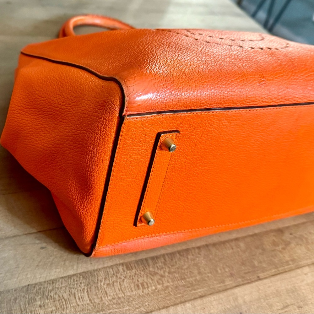 Anya Hindmarch Neon Orange Leather Featherweight Smiley Face Ebury Tote Bag - Picture 6 of 12